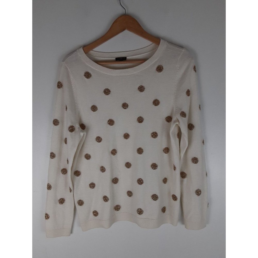 Talbots Cream Ivory Metallic Pokadot Wool Blend Pullover Sweater Round Neck LP